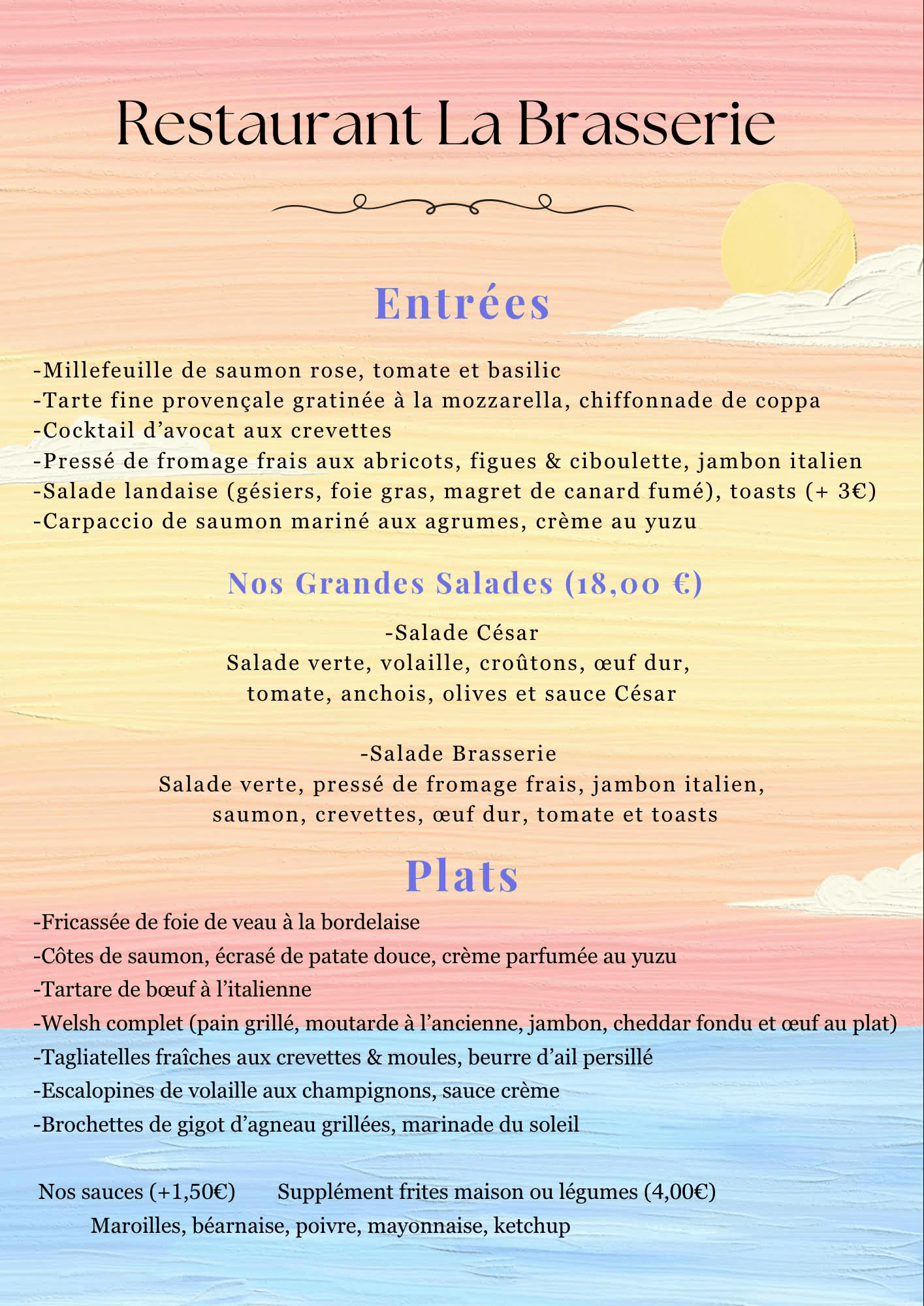 Restaurant la brasserie menu 